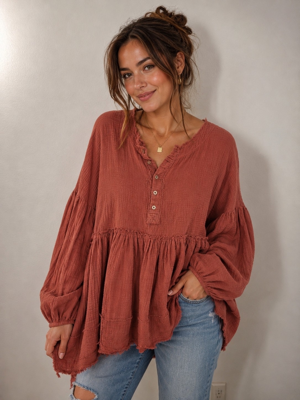 Free People Terracotta Ruffle Peplum Tunic - OVERSIZED - Picture 2 of 6